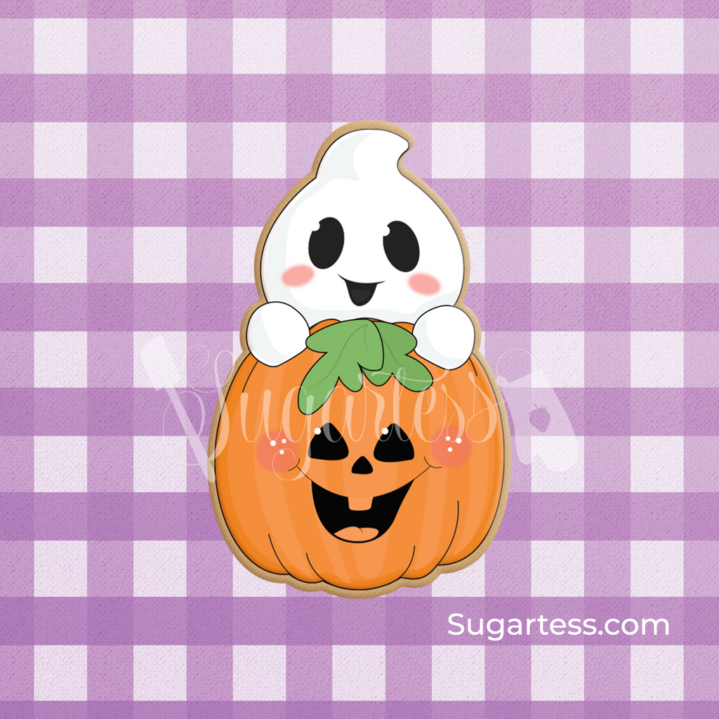 Sugartess custom Halloween cookie cutter in shape of a peek-a-boo ghost over a carved Jack-o-Lantern pumpkin.