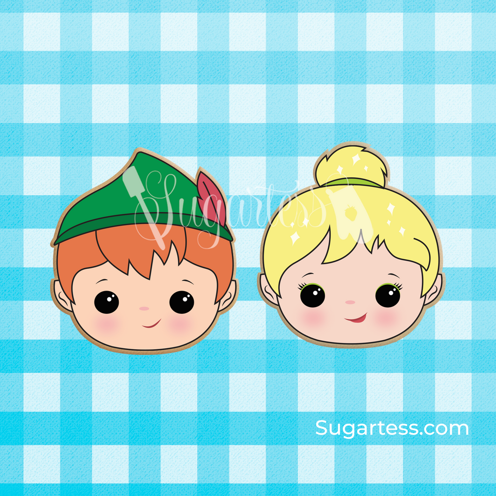 Sugartess custom cookie cutter in shape of cute Peter Pan and Tinkerbell character heads.