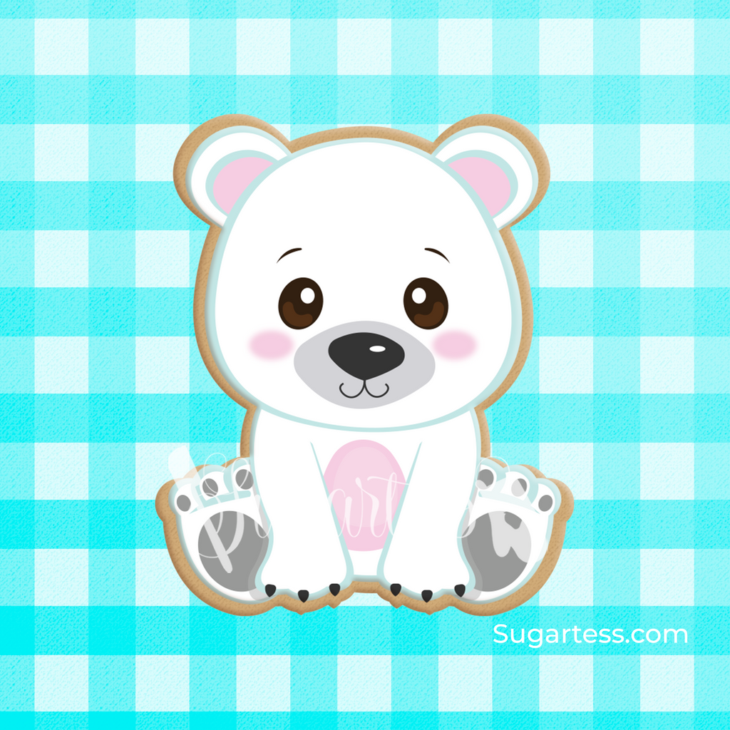 Sugartess custom cookie cutter in shape of a cute baby polar bear sitting down.