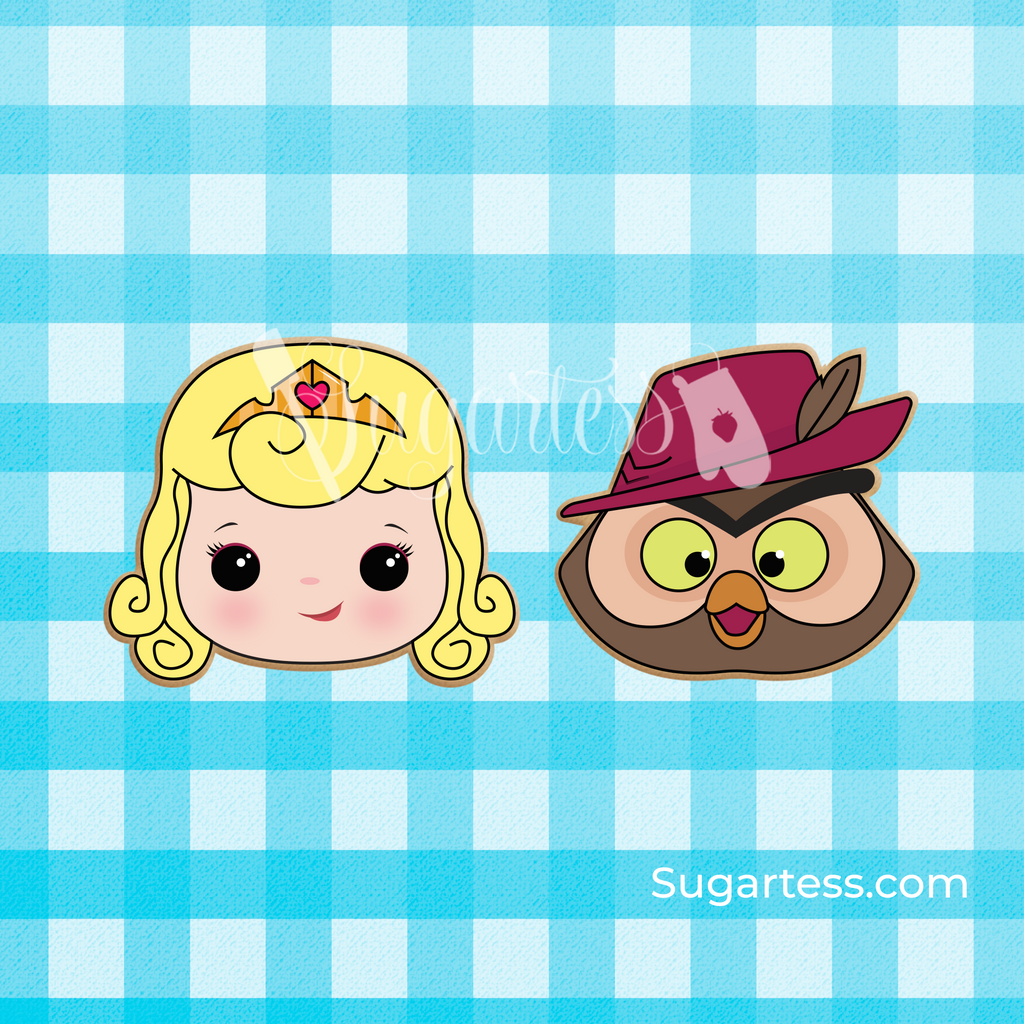 Sugartess custom cookie cutter in shape of cute Sleeping Beauty's princess Aurora and owl prince from the forest.