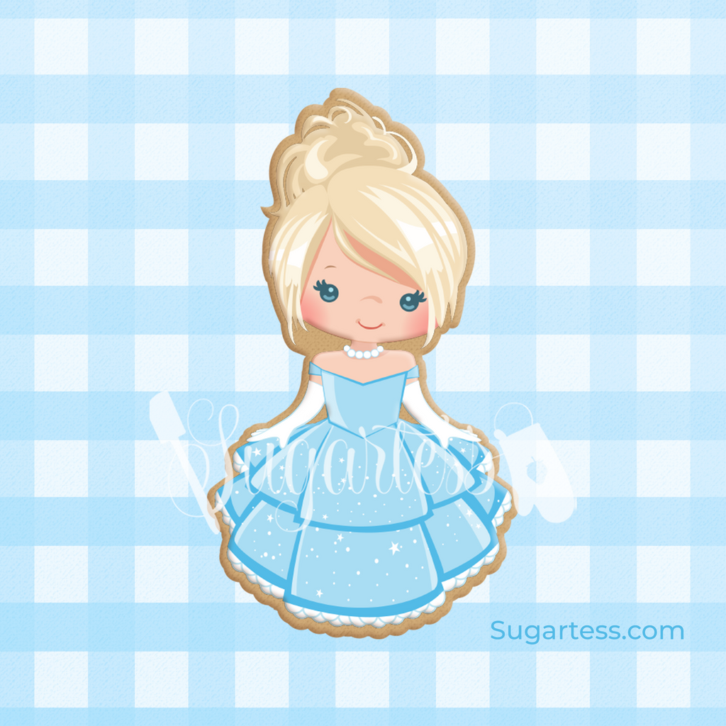 Sugartess custom cookie cutter in shape of Princess Cinderella wearing her ball gown.