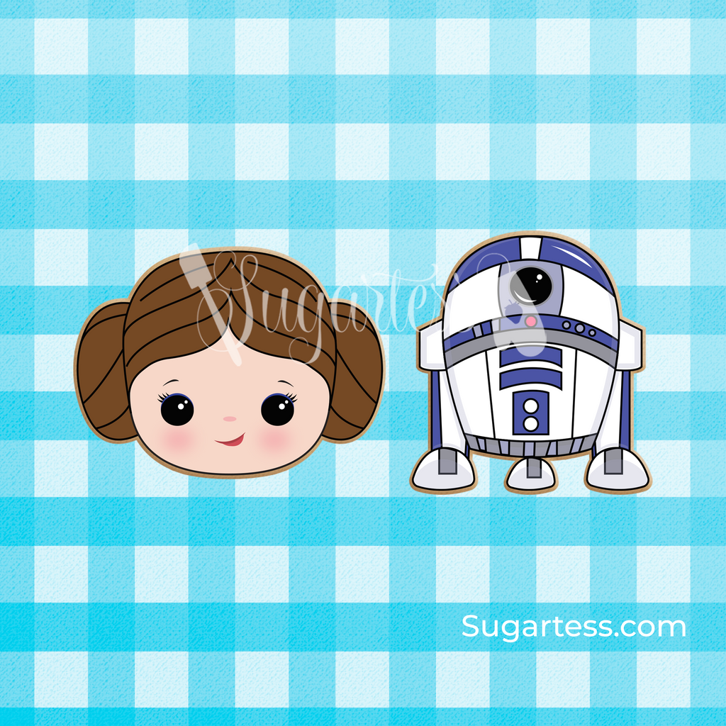 Sugartess custom cookie cutter in shape of cute princess Leia head and R2D2.