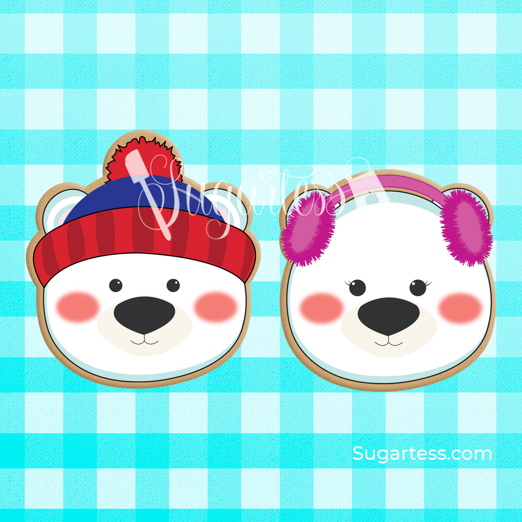 Sugartess custom cookie cutter set of 2 winter polar bear heads. The boy is wearing a inter hat and the girl is wearing ear muffs.