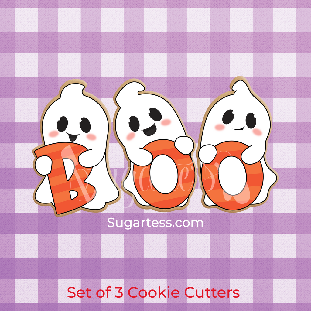 Sugartess custom Halloween cookie cutter set of 3 cute ghosts each holding a letter of BOO word.