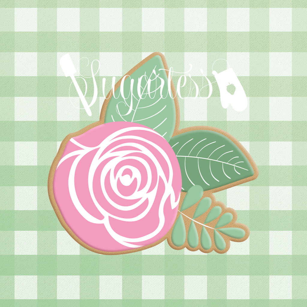 Sugartess custom cookie cutter in shape of a simple rose flower with 2 leaves and greenery.