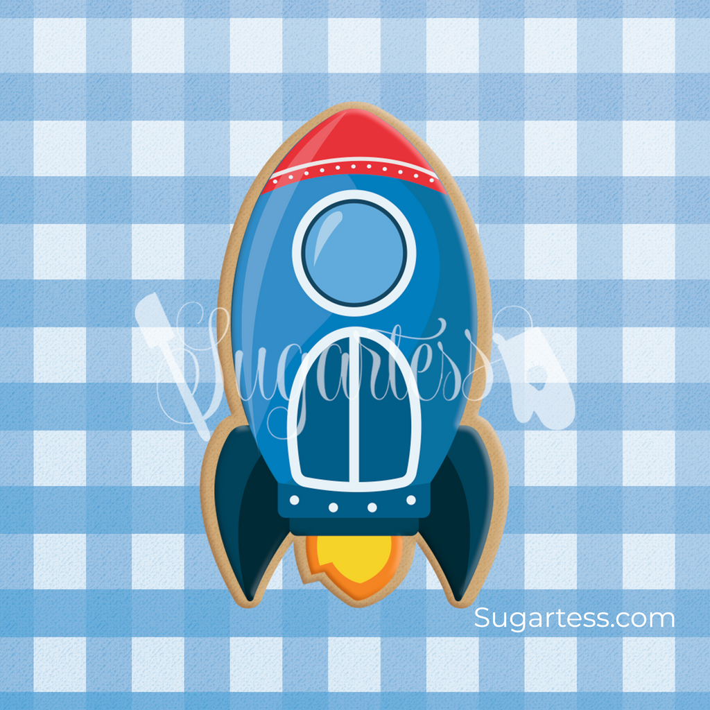 Sugartess custom cookie cutter in shape of a blue space rocket ship.