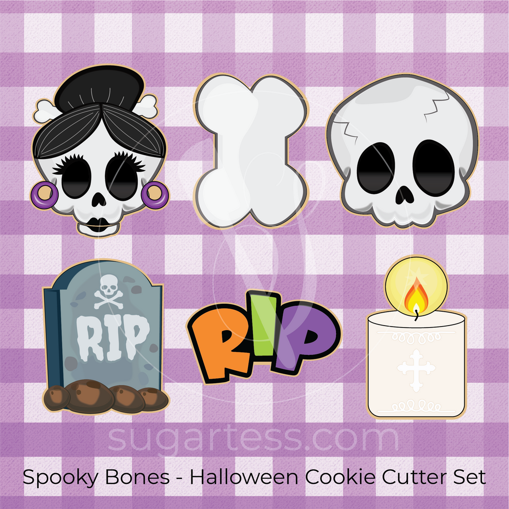 Sugartess custom Halloween cookie cutter set of six in shape of: female skull with hair bun, skull, bone, tombstone,  RIP word, and lighted candle. Perfect for Day of The Dead cookies too!