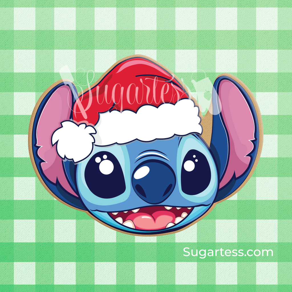 Sugartess custom cookie cutter in shape of Hawaiian alien Stitch head wearing a Santa hat.