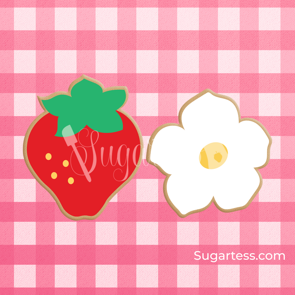 Sugartess custom cookie cutter set of two in shape of a strawberry fruit and a flower blossom.