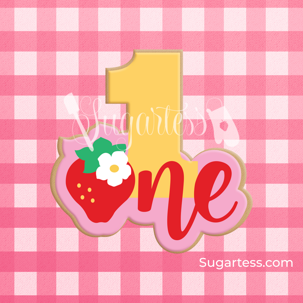 Sugartess custom cookie cutter in shape of strawberry-themed lettered number one cookie cutter and matching cookie stencil.