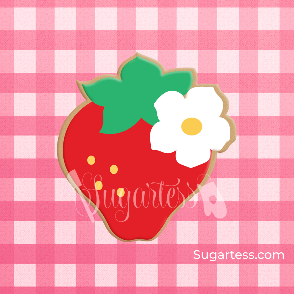 Sugartess custom cookie cutter in shape of a strawberry with a flower blossom.