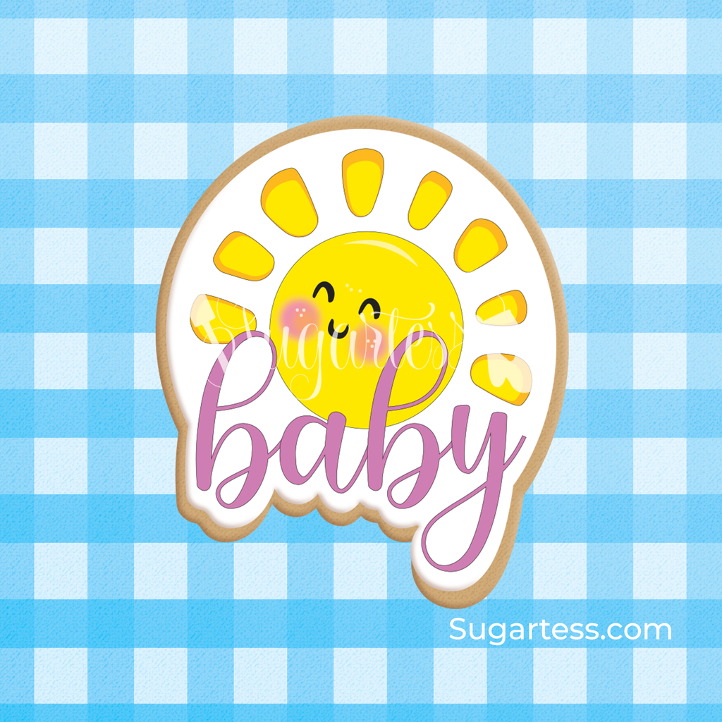 Sugartess custom cookie cutter in shape of a happy baby sun and baby word plaque. 