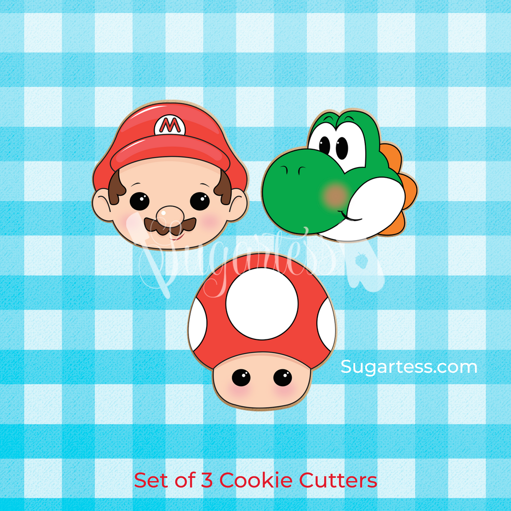 Sugartess custom cookie cutters in shape of video game Mario brother and friends Yoshi and  Toad