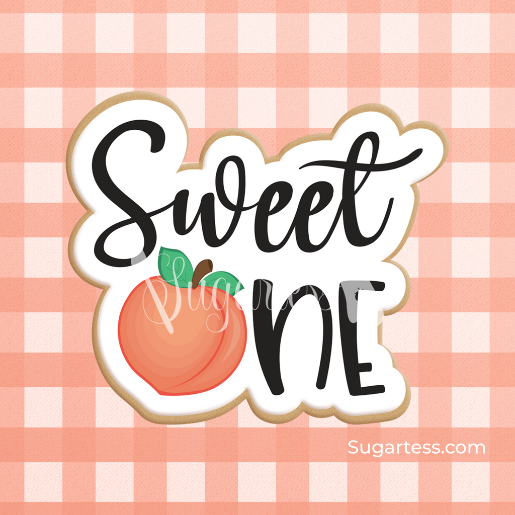 Sugartess custom baby cookie cutter in shape of Peach Sweet One word plaque.