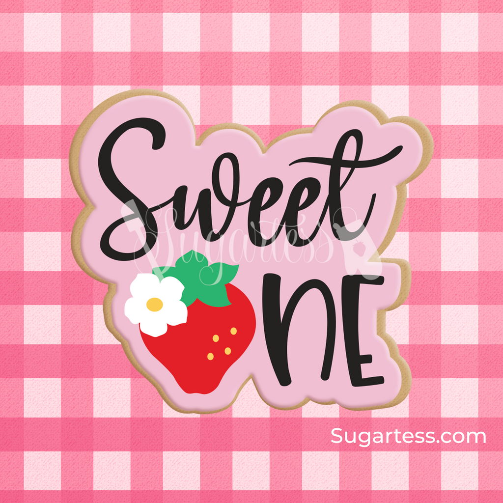 Sugartess custom baby cookie cutter in shape of Strawberry Sweet One word plaque.