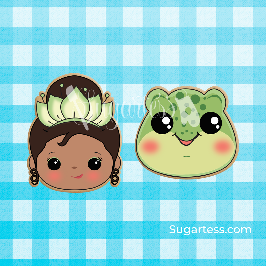 Sugartess custom cookie cutter in shape of cute Tiana princess and the frog character heads.