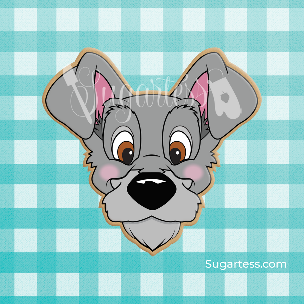 Sugartess custom cookie cutter in shape of Tramp street dog character head.