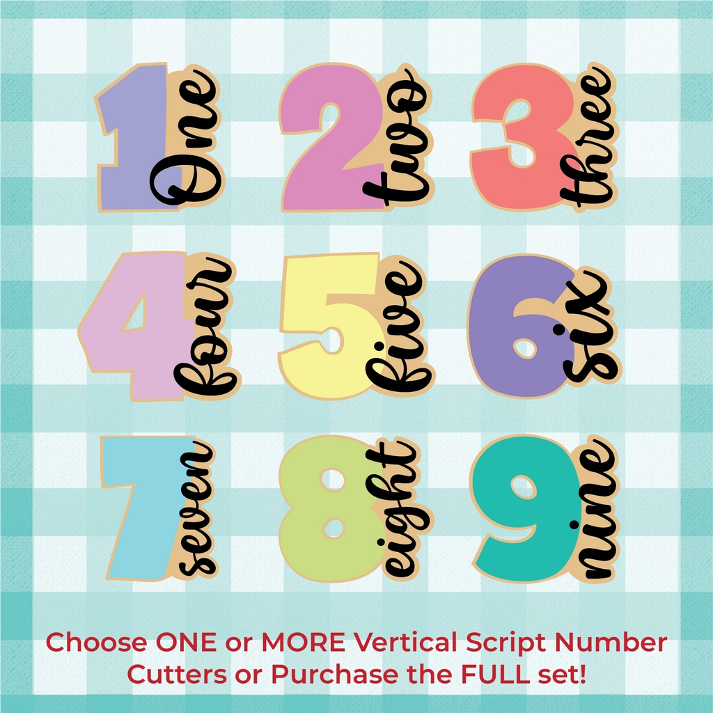 Sugartess custom cookie cutter set of 10 vertical lettered word numbers from 1 to 9.