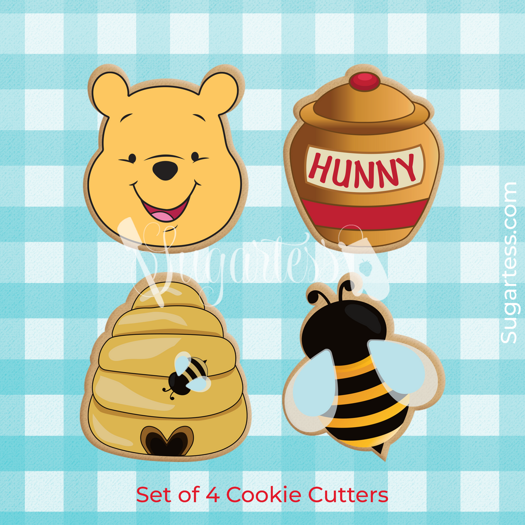 Sugartess custom cookie cutter set of 4: Winnie the Pooh head, honey pot with lid, beehive, and bee.