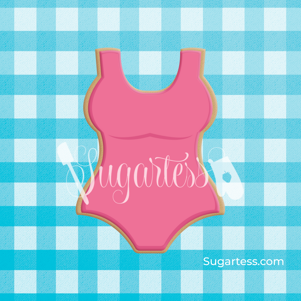 Sugartess custom cookie cutter in shape of a woman's plus size one-piece swimsuit.
