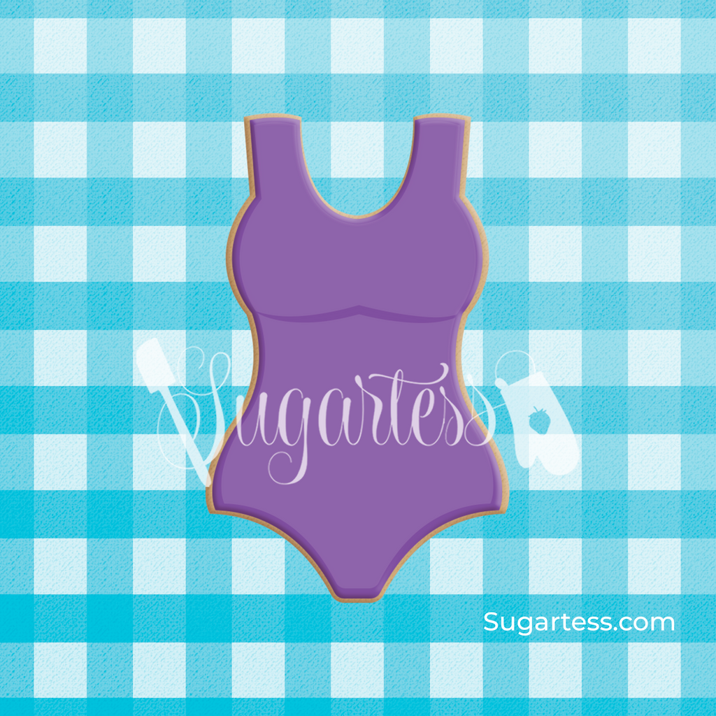 Sugartess custom cookie cutter in shape of a woman's one-piece  swimsuit.