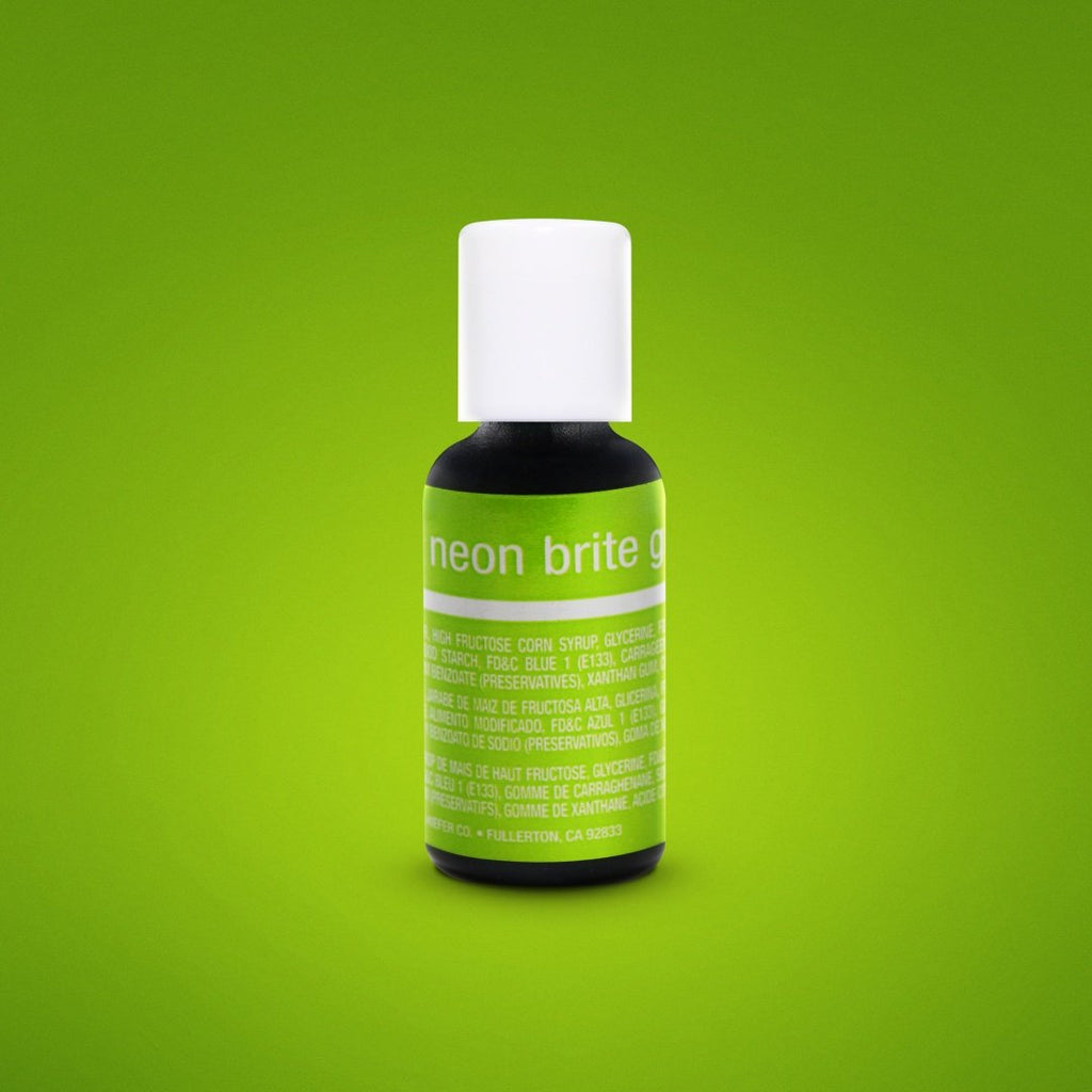 Chefmaster Neon Brite Green Liqua-Gel food color in 20ml or 0.75 ounce bottle.