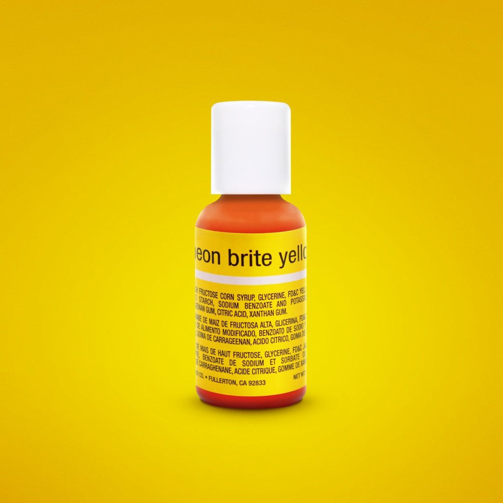 Chefmaster Neon Brite Yellow Liqua-Gel gel food color in 20ml or 0.75 ounce bottle.