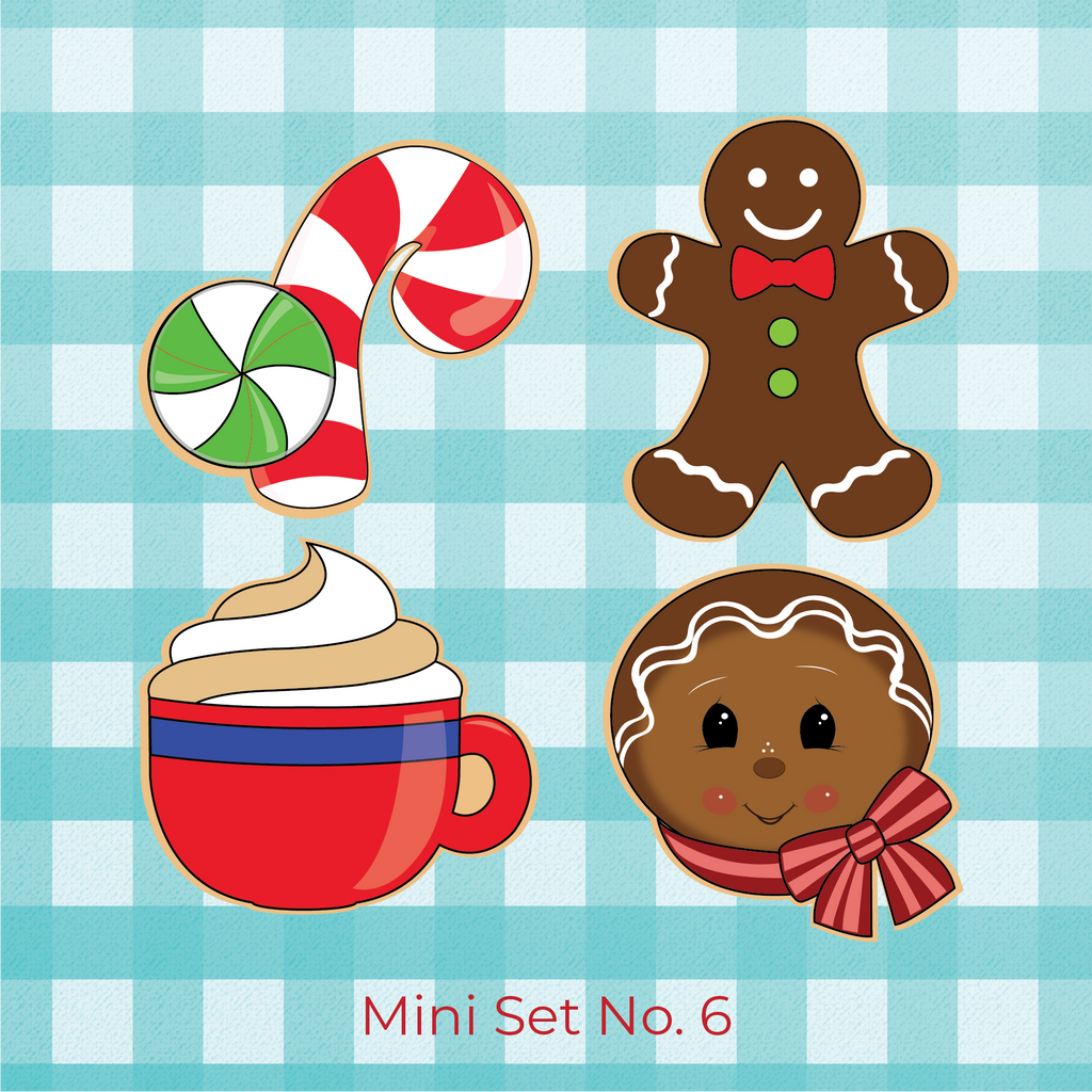 Sugartess Christmas holiday mini cookie cutter set of 4 designs: candy cane with swirl mint on the side, traditional gingerbread man, cup of hot chocolate with whipped cream, and head of gingerbread man with scarf.