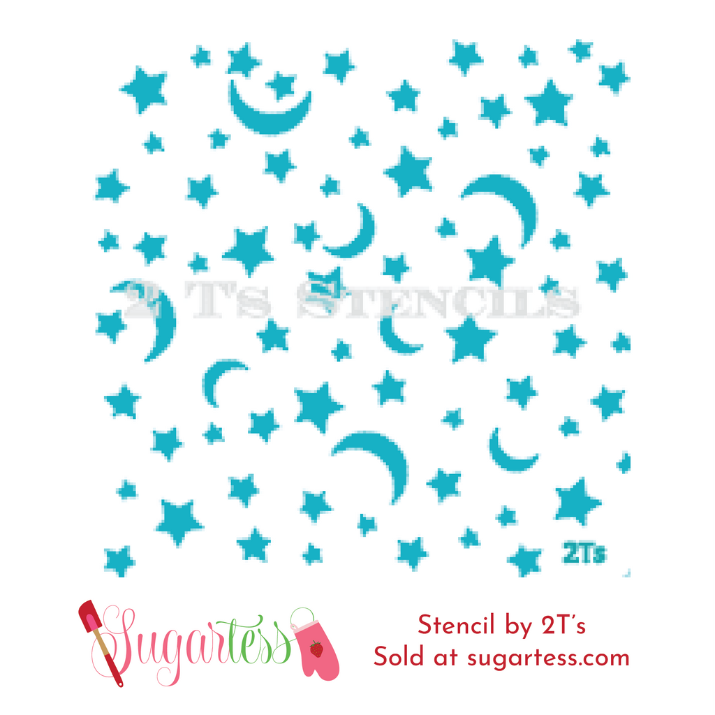 Cookie and cake decorating background stencil of moon and stars.