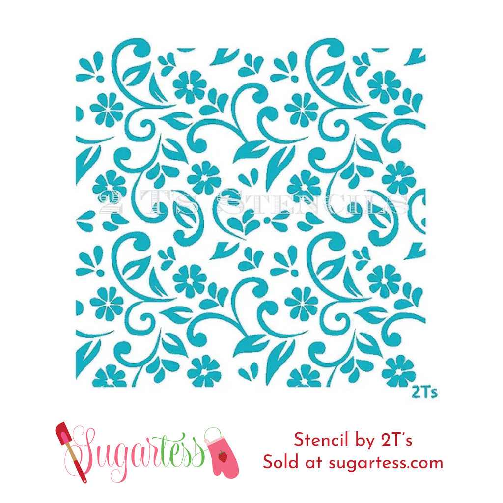 Cookie and cake decorating background stencil of flowers, leaves and swirls.
