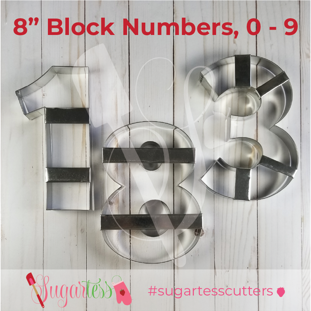 Sugartess custom metal cookie cutters in shape of large 8-inch block numbers, zero to nine