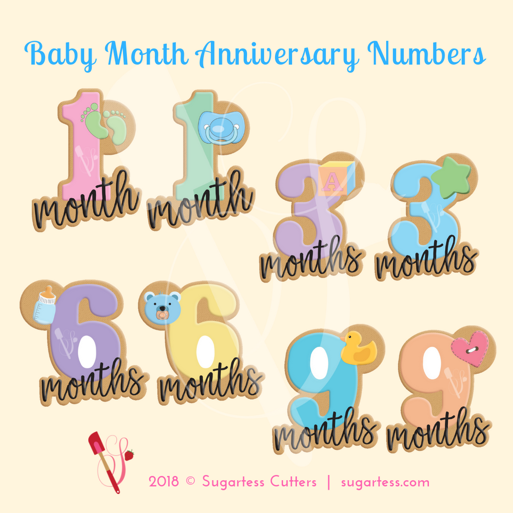 Sugartess custom cookie cutter set of 4 baby first to ninth month anniversary lettered number. 3D printed from biodegradable  PLA plastic in different sizes ranging from 2 to 6 inches.