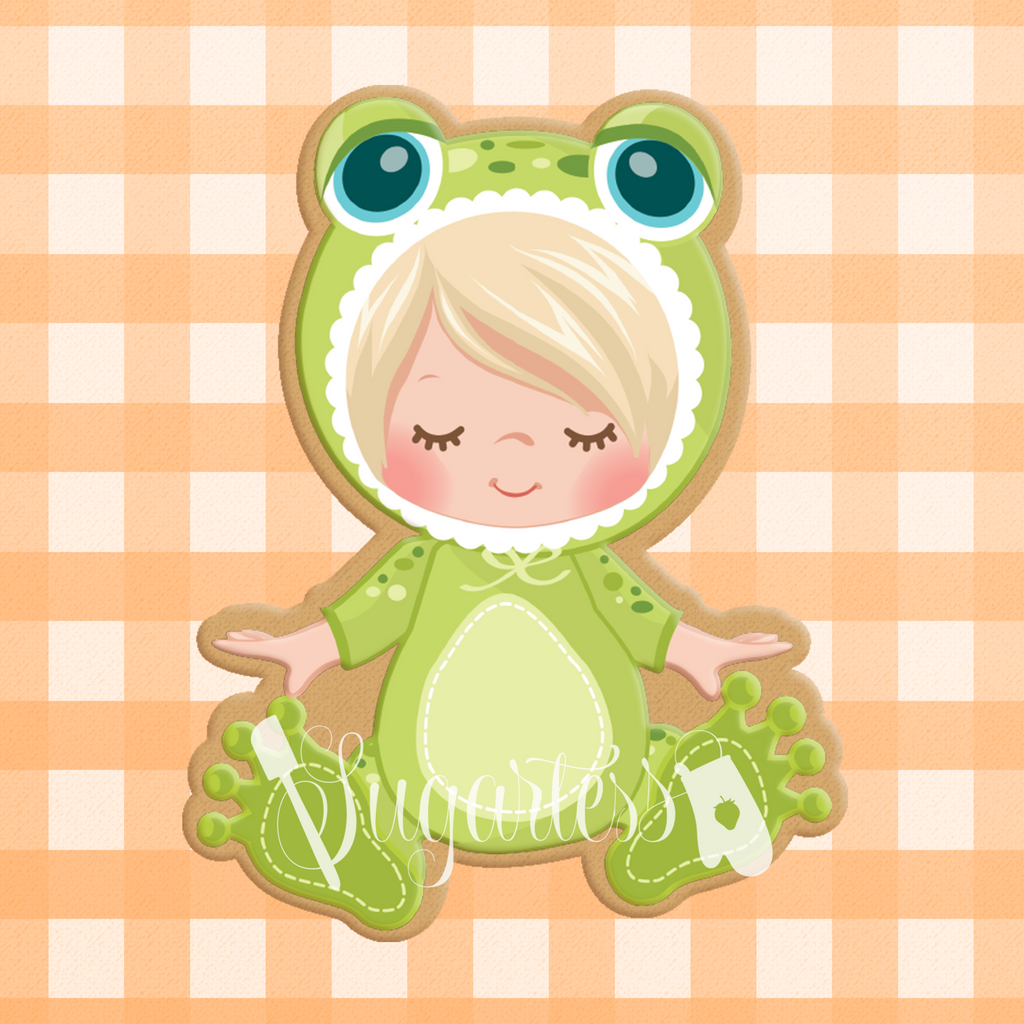 Sugartess cookie cutter in shape of   Baby in Frog Costume or PJs. 3D printed from biodegradable  PLA plastic in different sizes ranging from 2 to 6 inches.