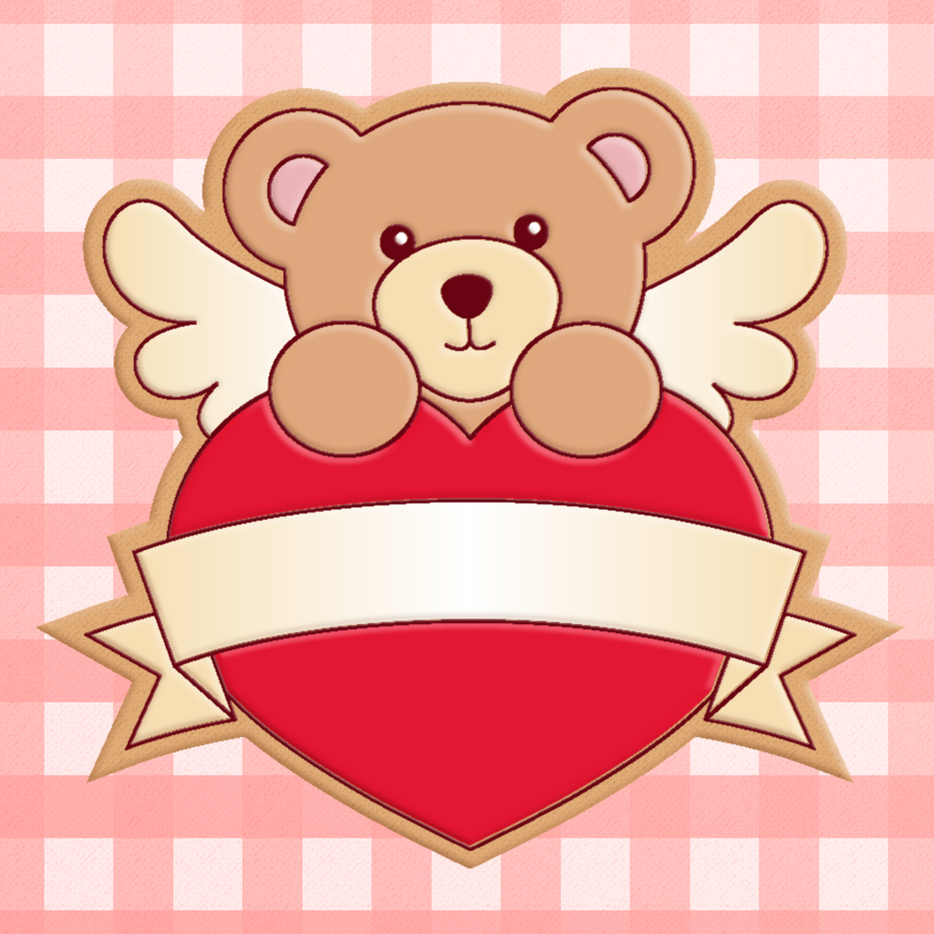 Sugartess cookie cutter in shape of bear cupid over bannered heart.