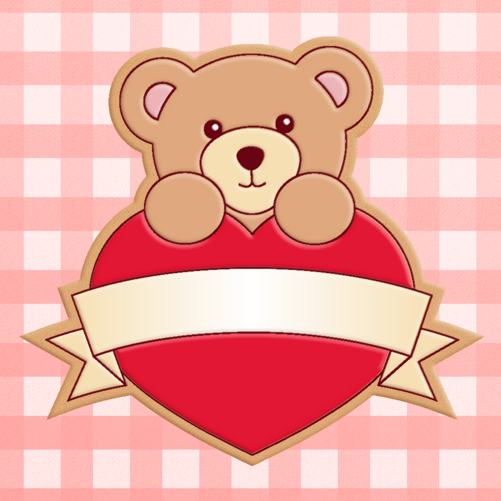 Sugartess cookie cutter in shape of bear over red bannered heart.