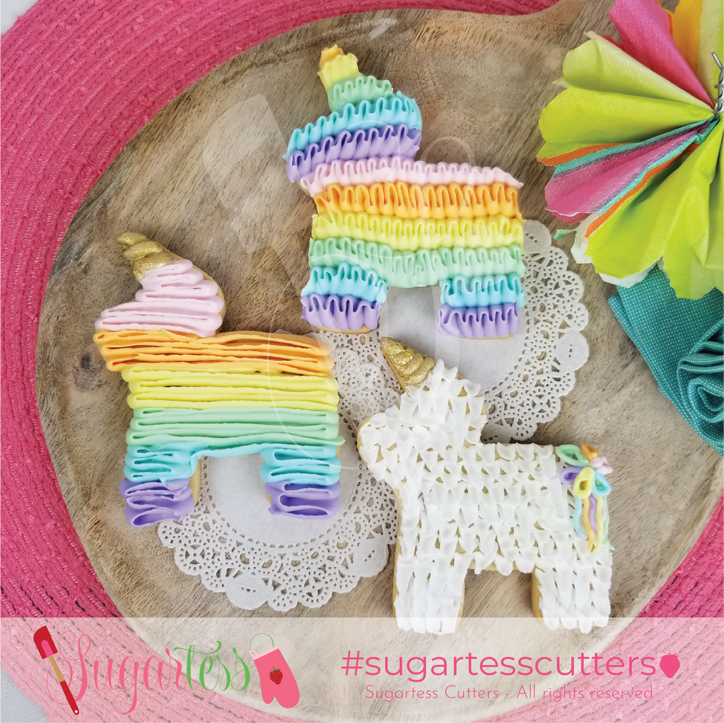 Sugartess classic Mexican burrito (donkey) and unicorn piñata cookies decorated with royal icing ruffles in pastel colors and white. Picture shows three decorating style variations of the same cookie shape.