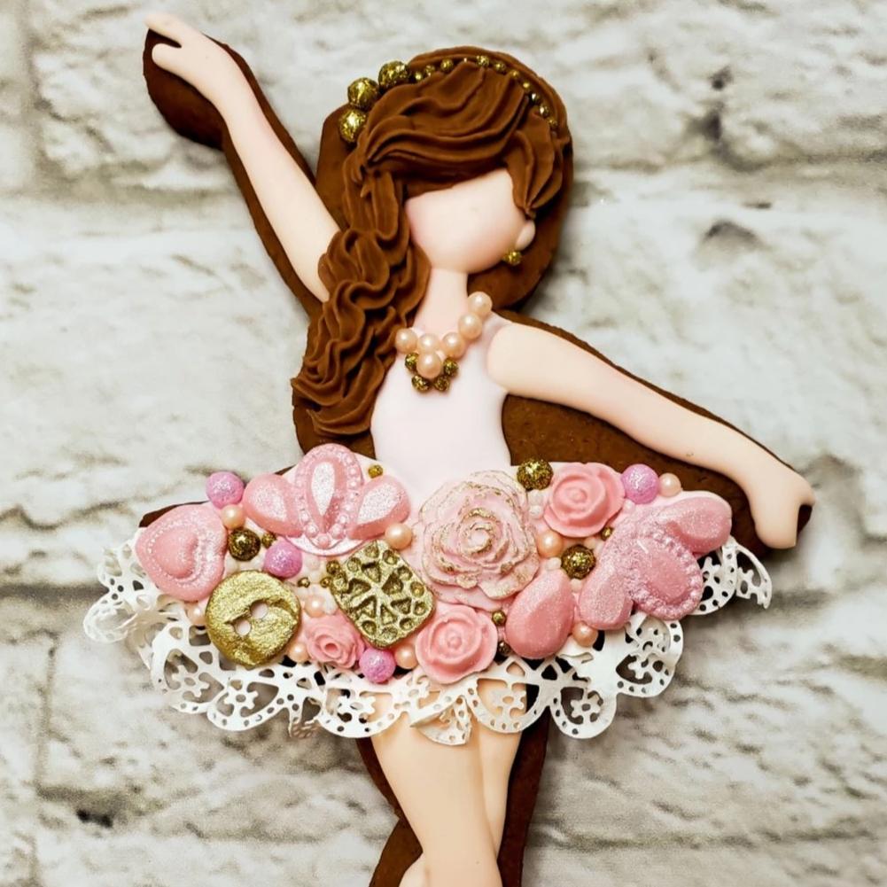 Sugartess custom cookie cutter in shape of ballerina. Design by cookie decorator Carmen Urbano.