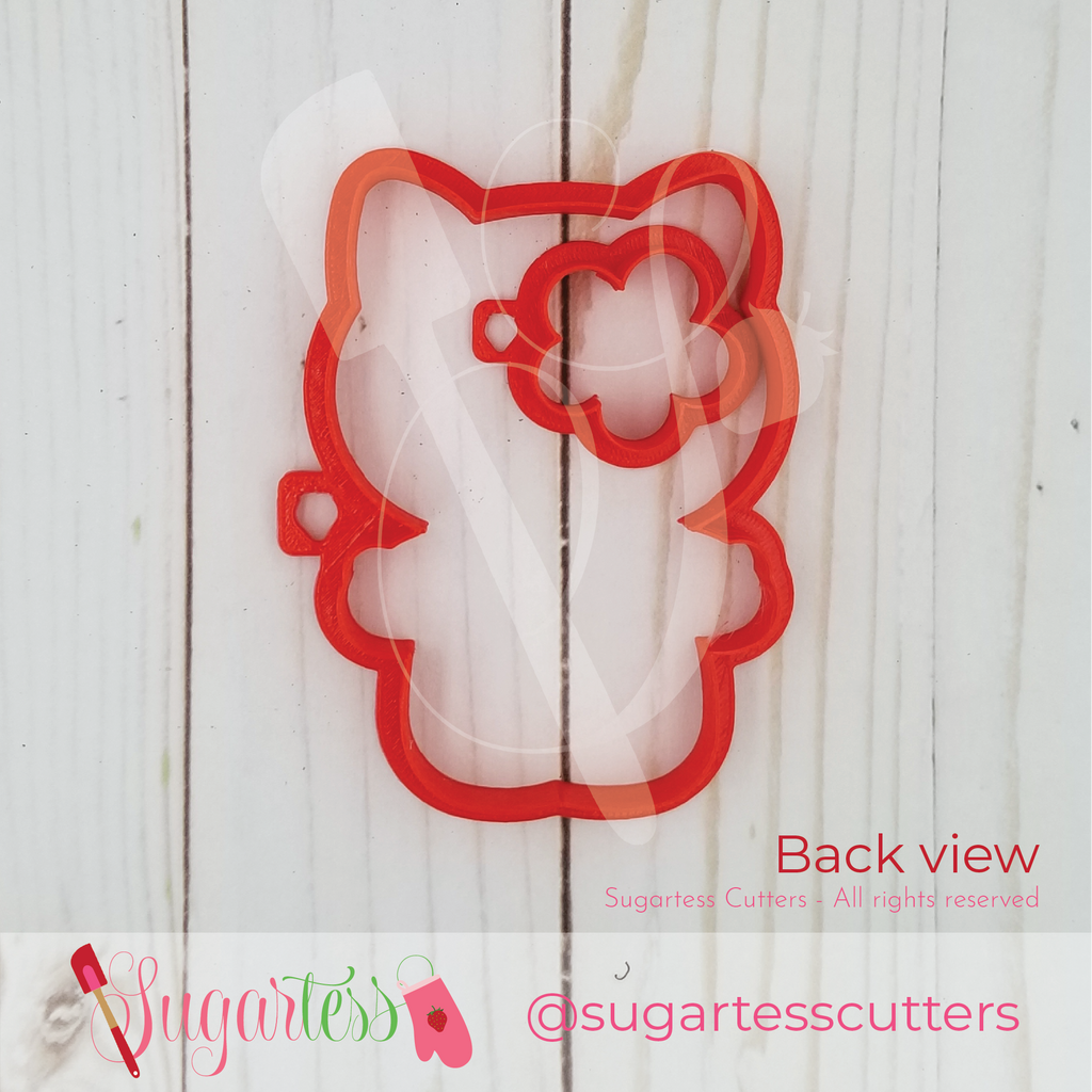 Sugartess custom cookie cutter set in shape of standing kitty character and flower head piece.