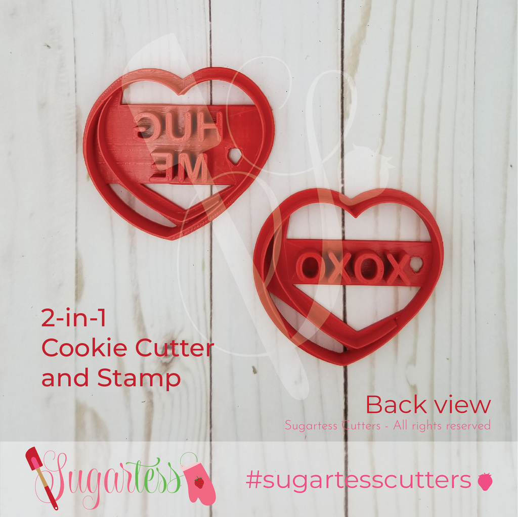 Sugartess custom Valentine's Day cookie cutters in shape of 2 conversation candy hearts with XOXO and HUG ME word stamps to imprint cookie dough or fondant.