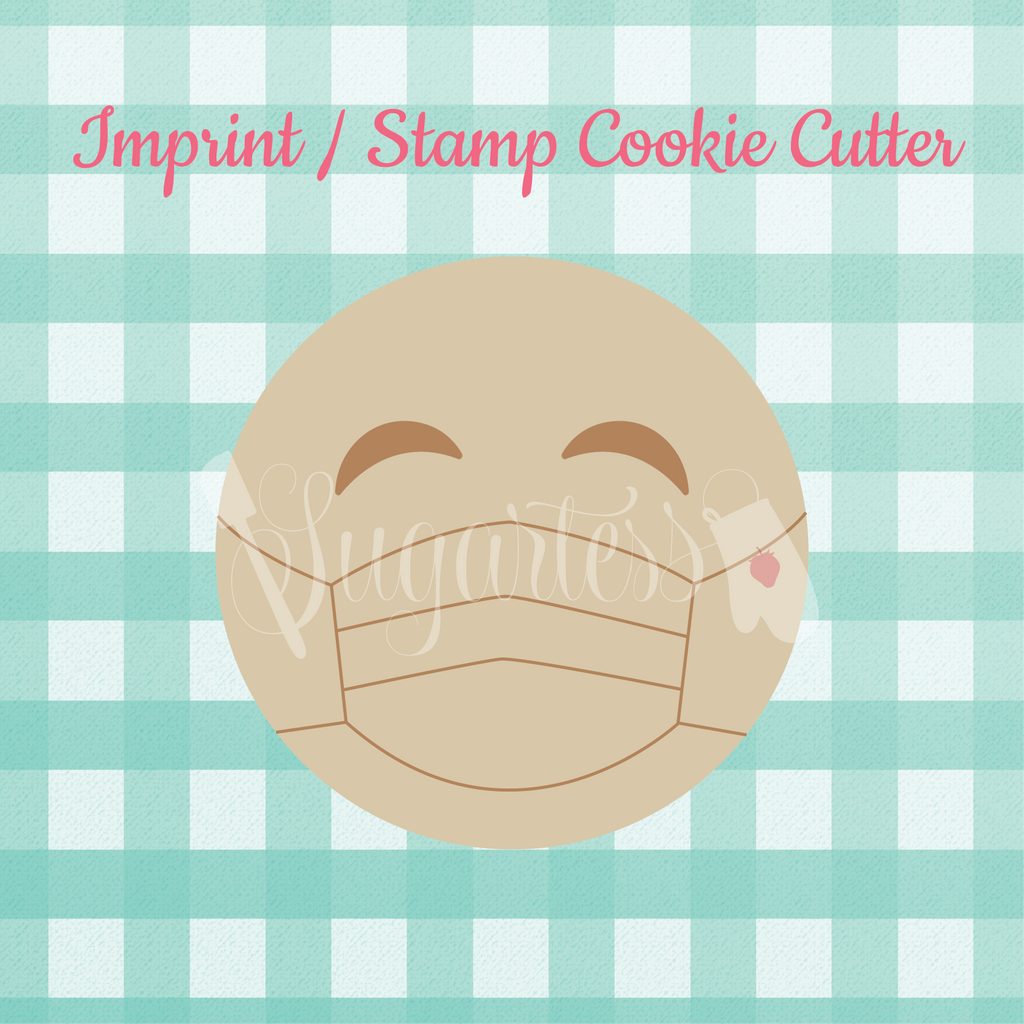 Sugartess custom imprint stamp cookie cutter in shape of emoji with face mask.