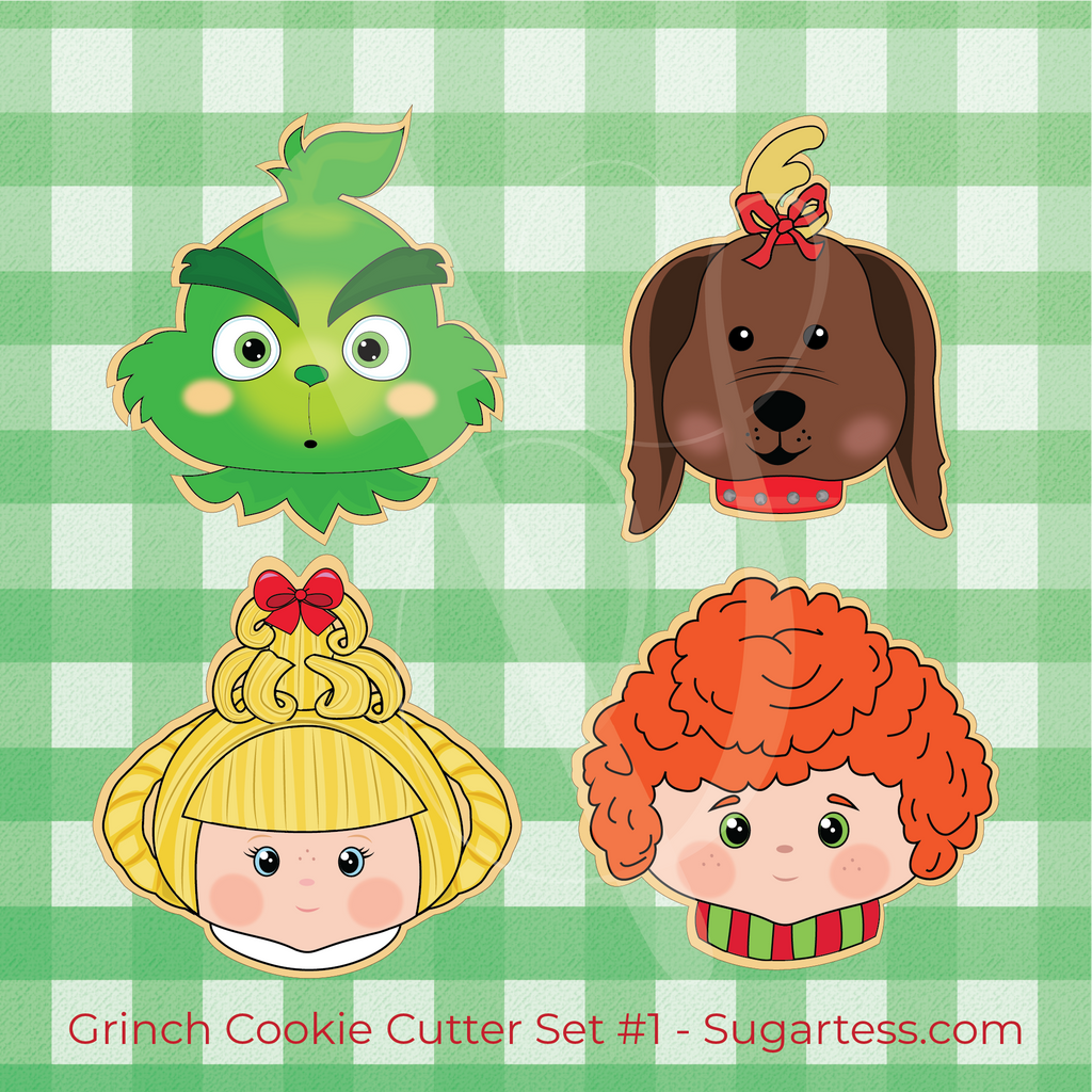 Sugartess Christmas cookie cutter set of 4 in shape of Grinch, Max, Cindy Lou Who, and Groopert character heads.