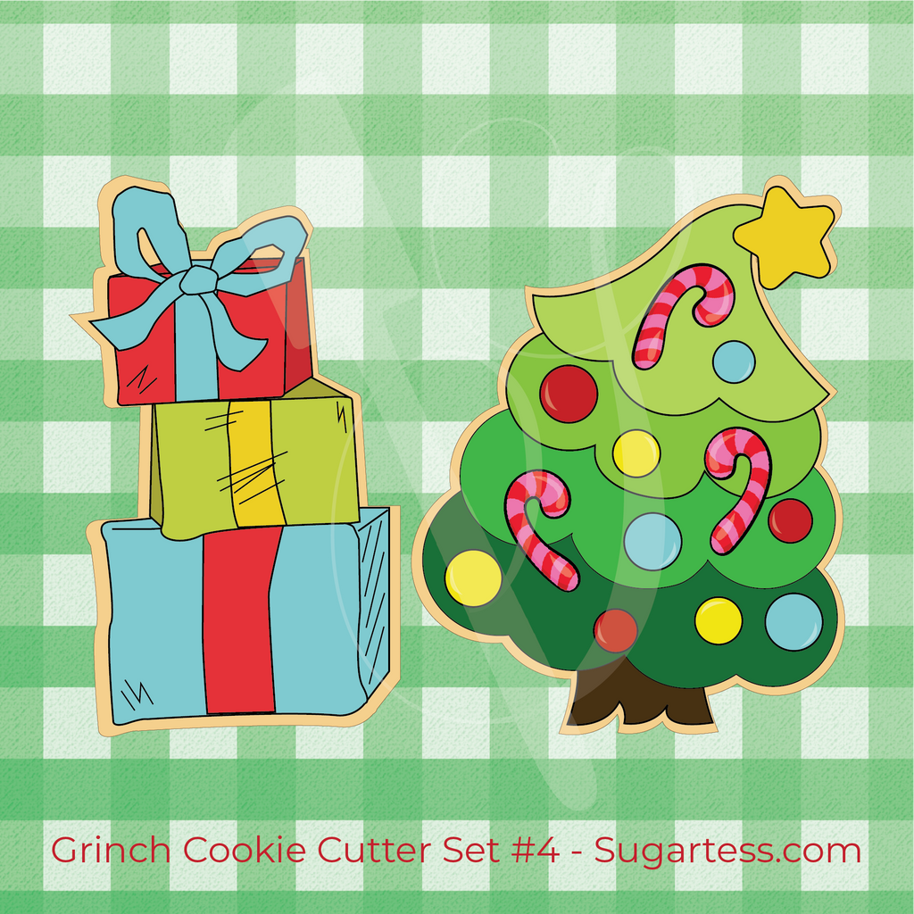 Sugartess Grinch Christmas Cookie Cutter Set #4: Grinch Tree and Grinch Stack of Presents