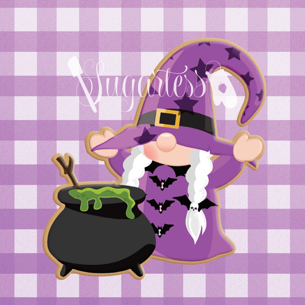 Sugartess custom cookie cutter in shape of gnome with with cauldron.