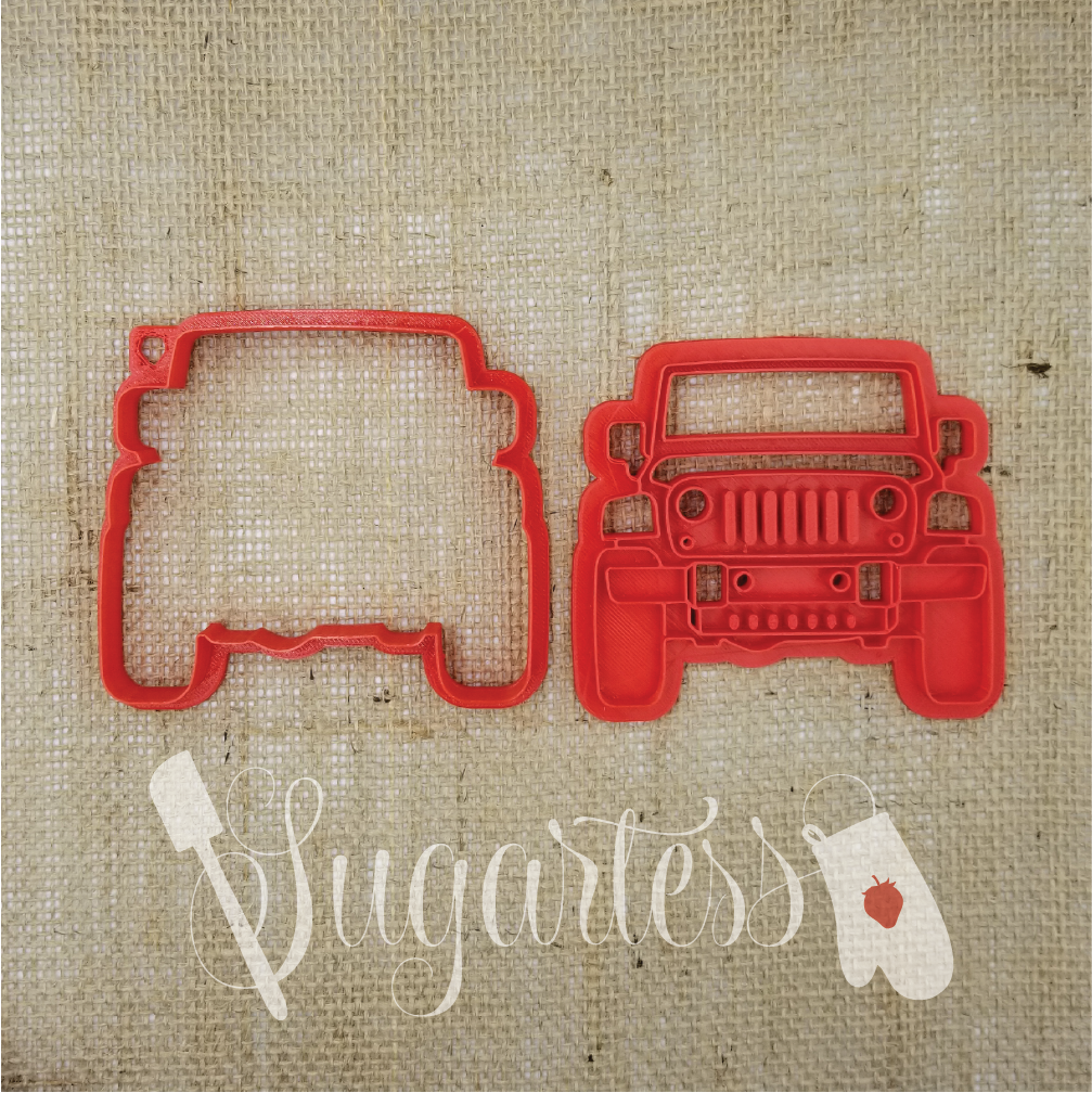Sugartess custom cookie cutter in shape of jeep vehicle.