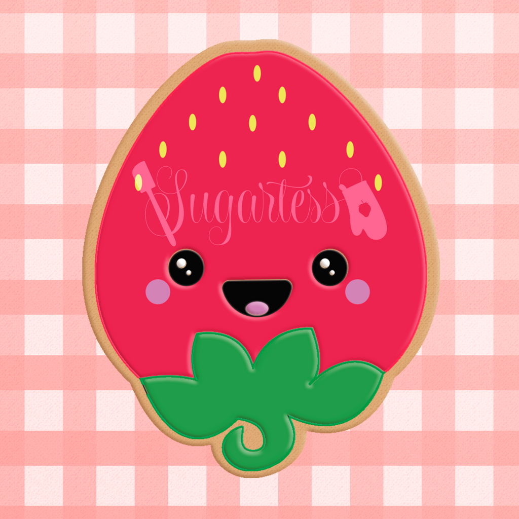 Sugartess custom cookie cutter in shape of kawaii strawberry.