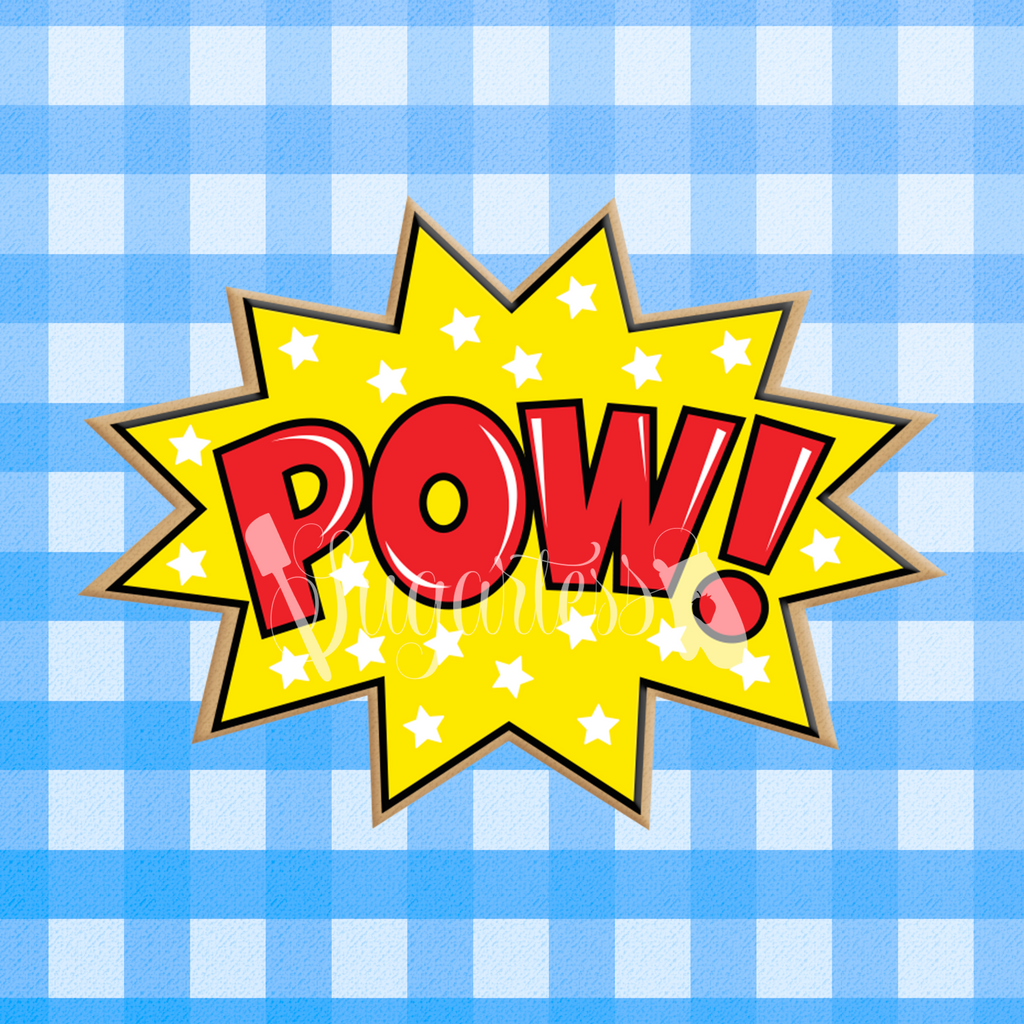 Sugartess custom cookie cutter in shape of a super hero starred comic POW! word plaque.