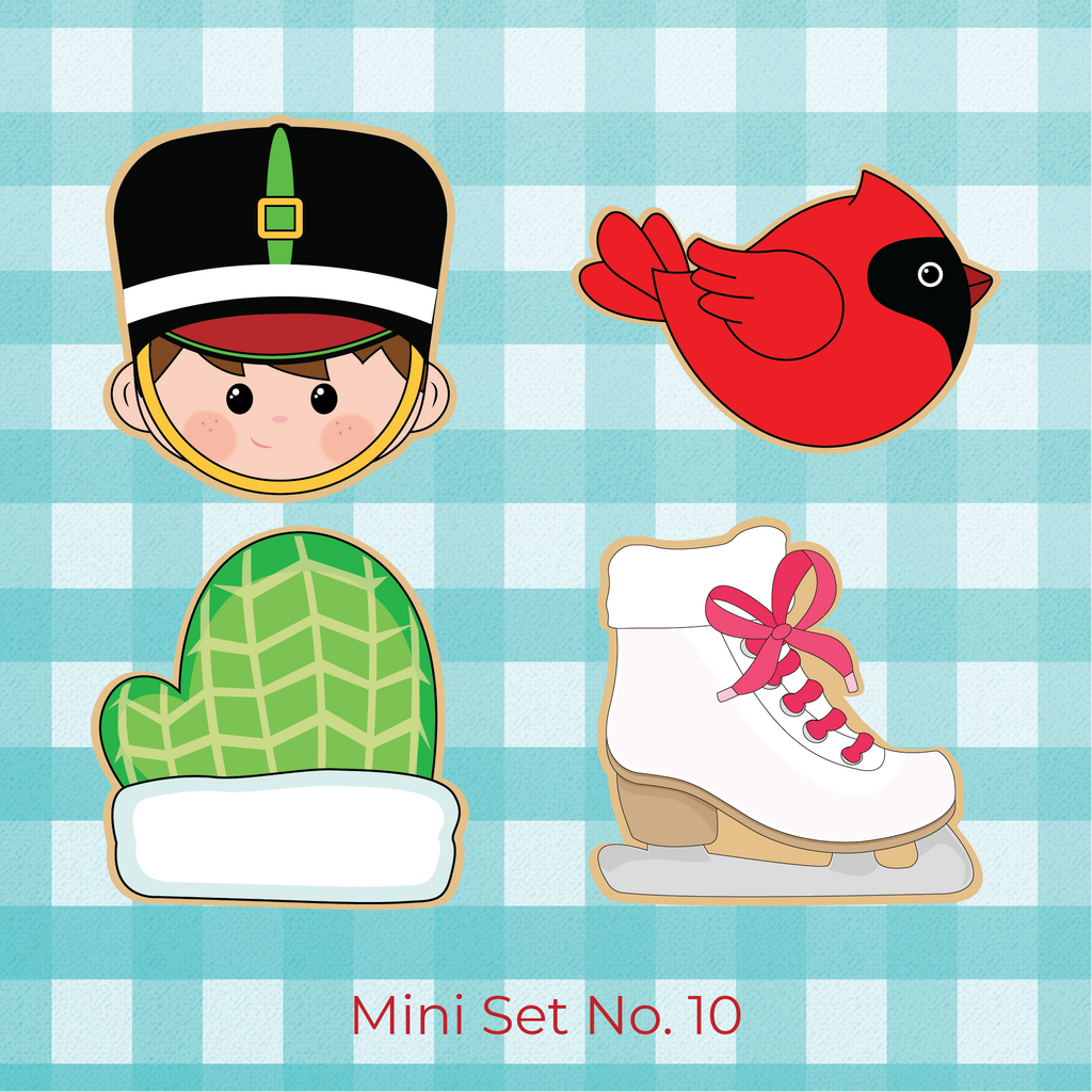 Sugartess Christmas Holiday Mini Cookie Cutter Set #10 - Perfect for Advent / Countdown Calendars in shape of: toy soldier head, red cardinal bird, mitten, and ice skate.