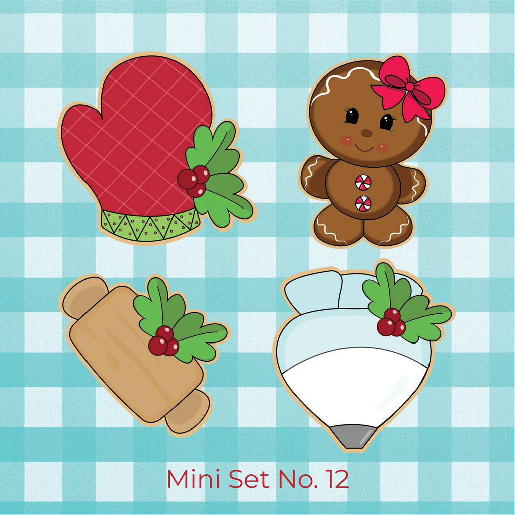 Sugartess Christmas Holiday Mini Cookie Cutter Set #12 - Perfect for Advent / Countdown Calendars in shape of: chubby oven mitten, gingerbread girl, rolling pin, and piping bag.