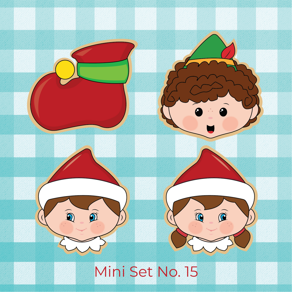 Sugartess Christmas Holiday Mini Cookie Cutter Set #15 - Perfect for Advent / Countdown Calendars in shape of: elf boot, elf Buddy head, the elf on the shelf boy head, and the elf on the shelf girl head.