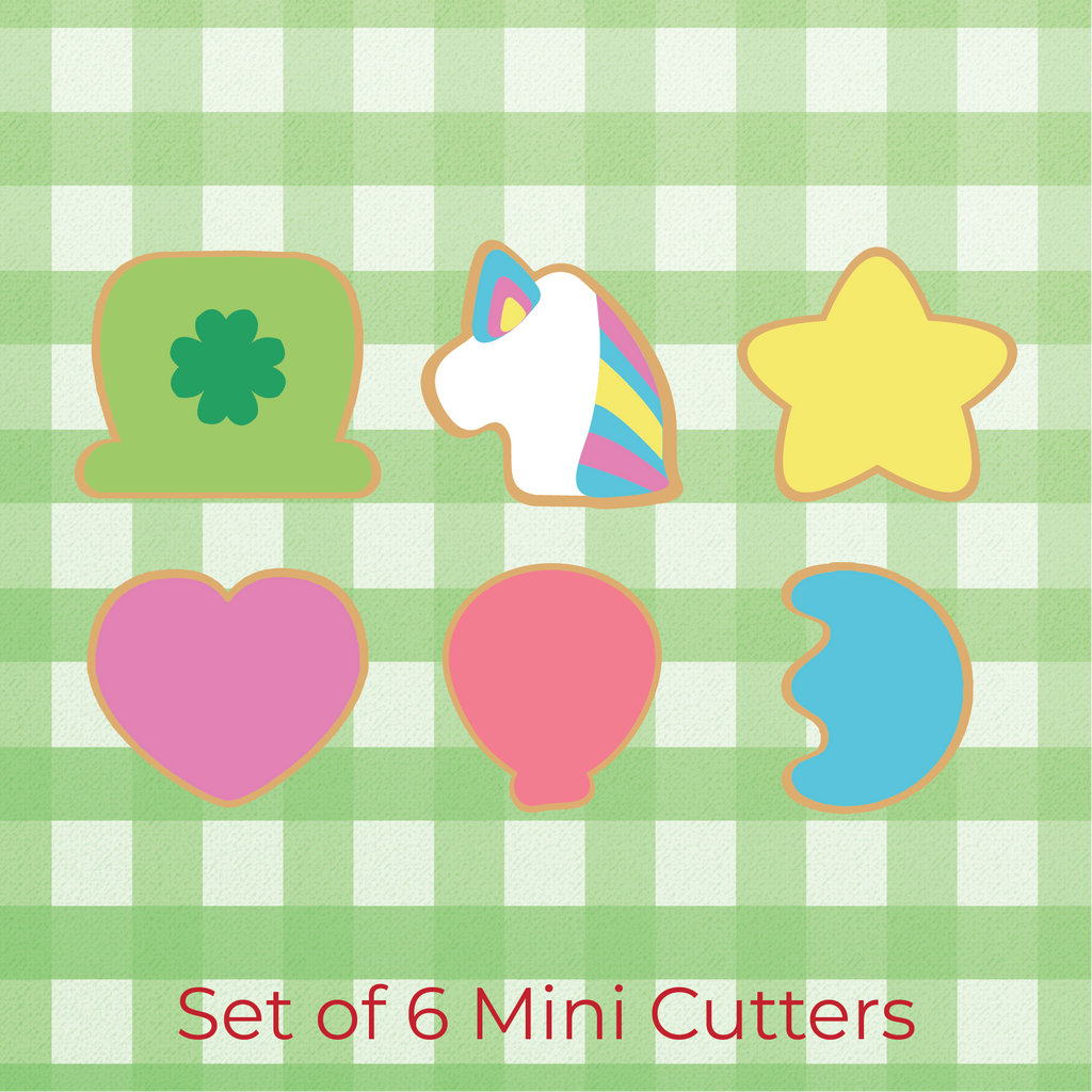 Sugartess custom cookie cutter set of 6 lucky charms: top hat, unicorn head, star, heart, balloon, moon.